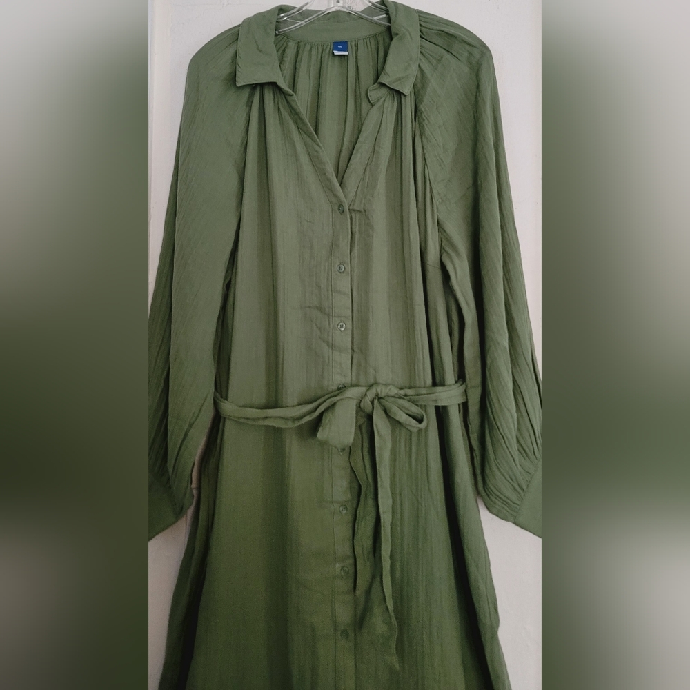 New Old Navy Sage Green Belted Midi Shirt Dress Size XXL Long Sleeve Cotton - Picture 6 of 16